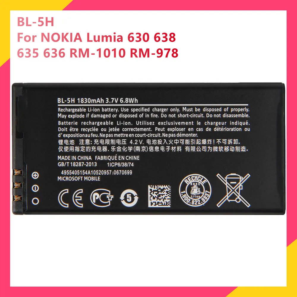 

Original Replacement Phone Battery BL-5H For NOKIA Lumia 630 638 635 636 RM-1010 RM-978 Genuine Rechargable Batteries 1830mAh