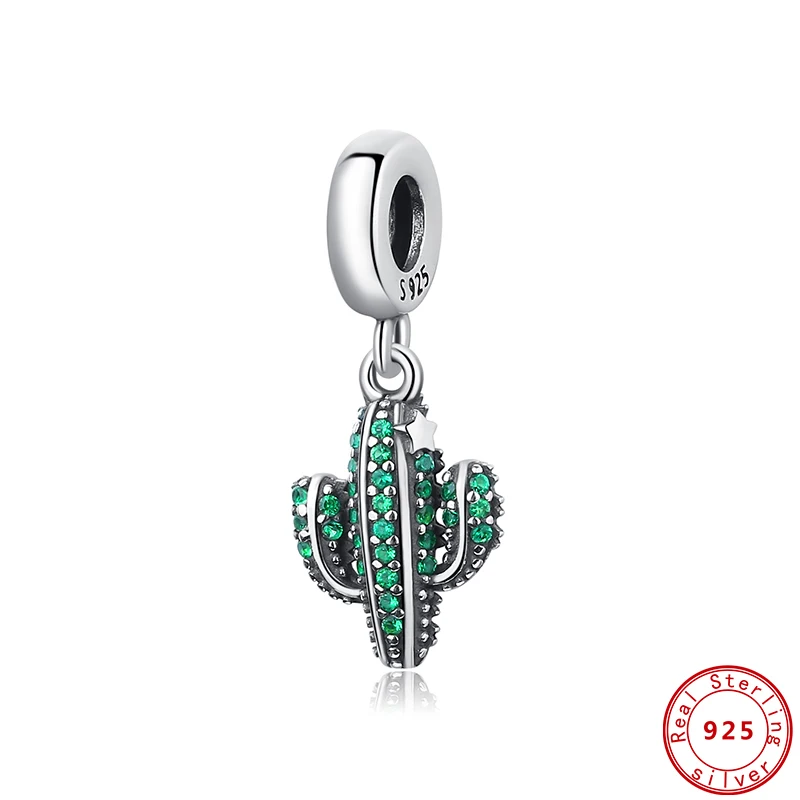 

New Original 925 Sterling Silver Beads Nature Cactus Dangle Charm Green CZ Fit Pandora Bracelets Women DIY Jewelry Dropship