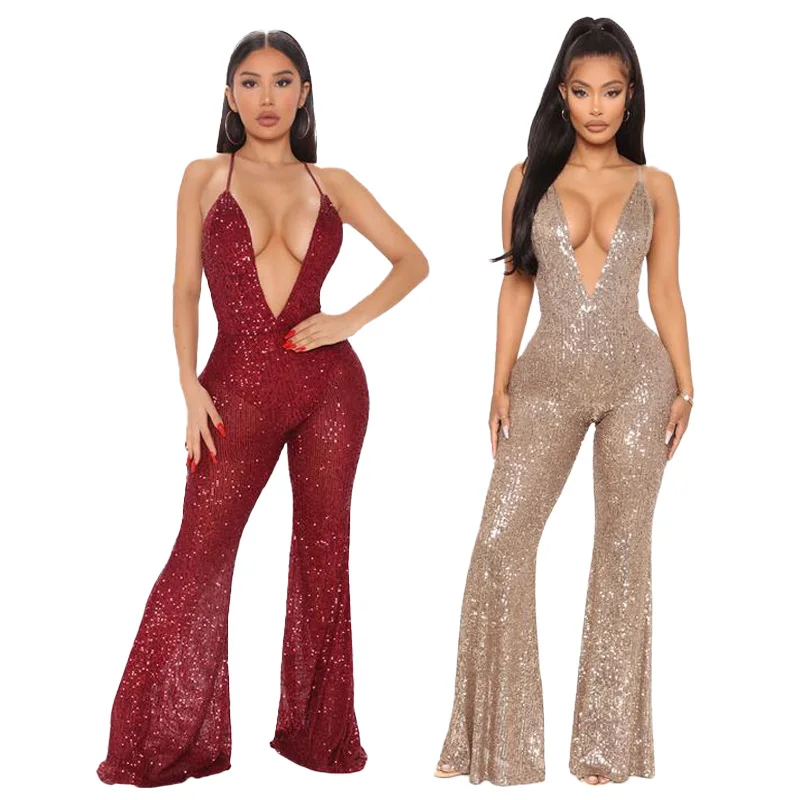 

S0197 European and American Autumn New Women's Nightclub Sexy See-through Sequin Suspenders Deep V-neck Flared Jumpsuit