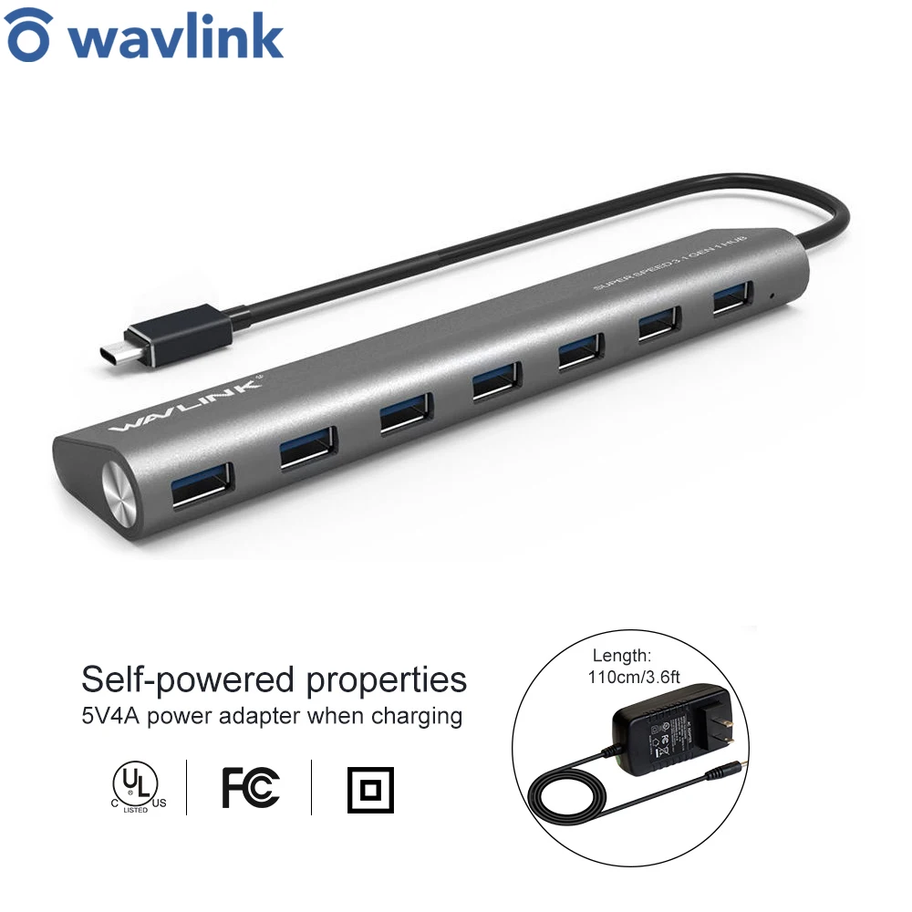 Кабель Wavlink USB 3 1 Type-C алюминиевый концентратор для передачи данных с 7 портами 0 (USB