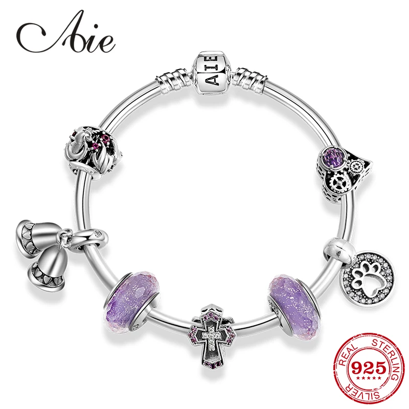 Браслеты из стерлингового серебра 925 пробы с фиолетовыми стеклянными бусинами