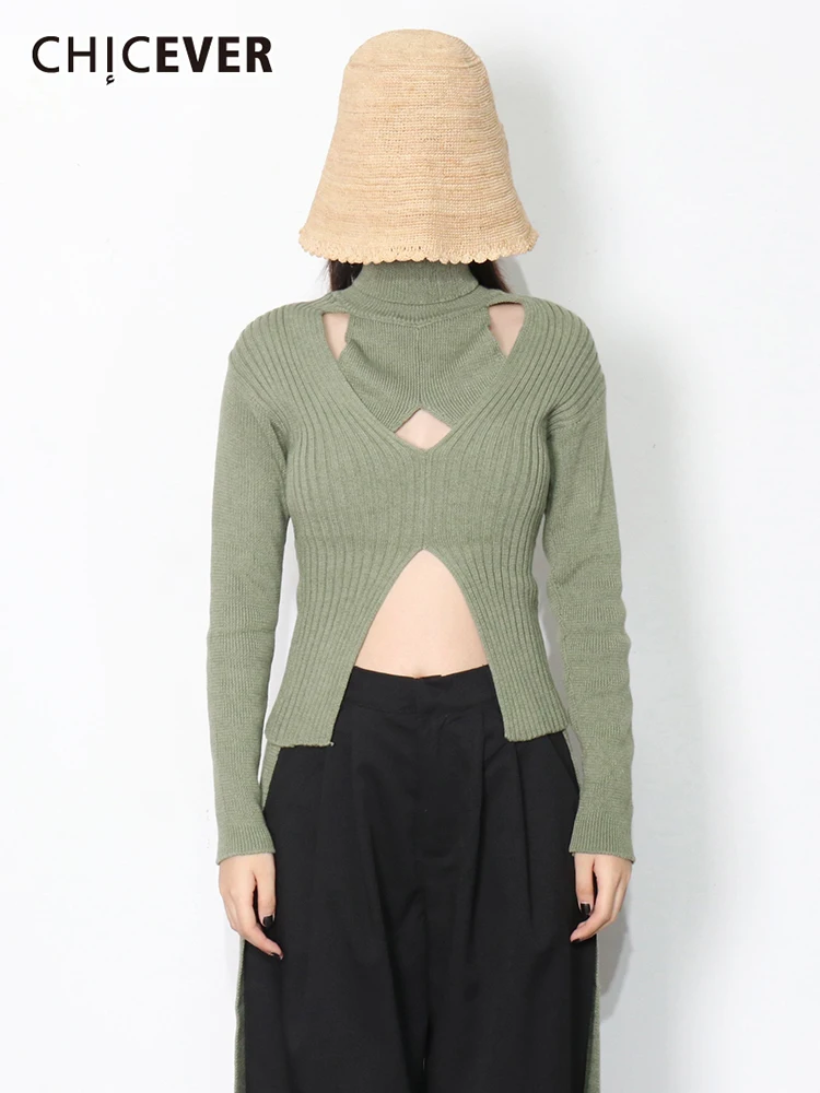 

CHICEVER ажурные сексуальные трикотажные пуловеры женские водолазки с длинным рукавом разрезные тонкие свитера женская модная новая одежда 2021