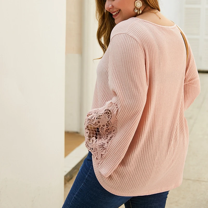 Autumn fashion women's large size sweater 5XL 6XL 7XL 8XL 9XL bust 148CM sexy V-neck lace cuff casual wild thin | Женская одежда
