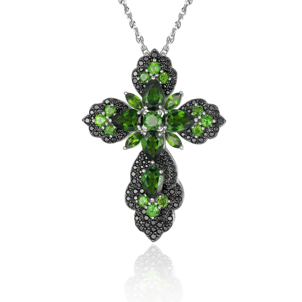 

GZ ZONGFA Classic natural chrome diopside gem Women jewelry 925 Sterling Silver Pendant cross necklace