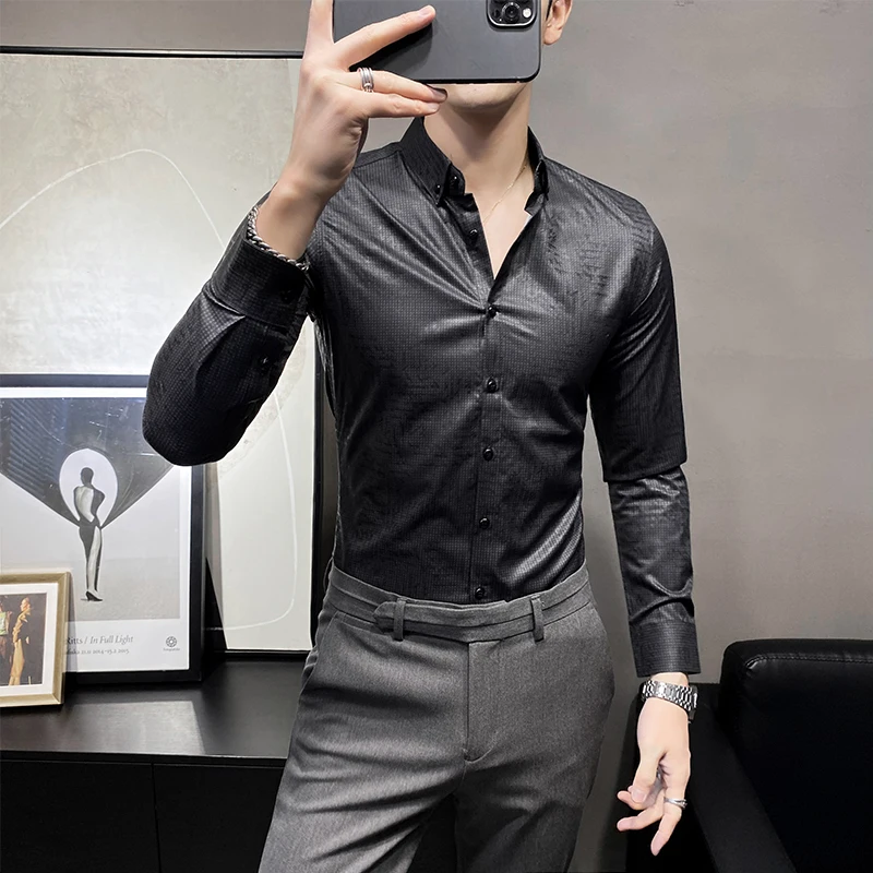 Мужская приталенная рубашка с принтом горячего тиснения длинным рукавом в