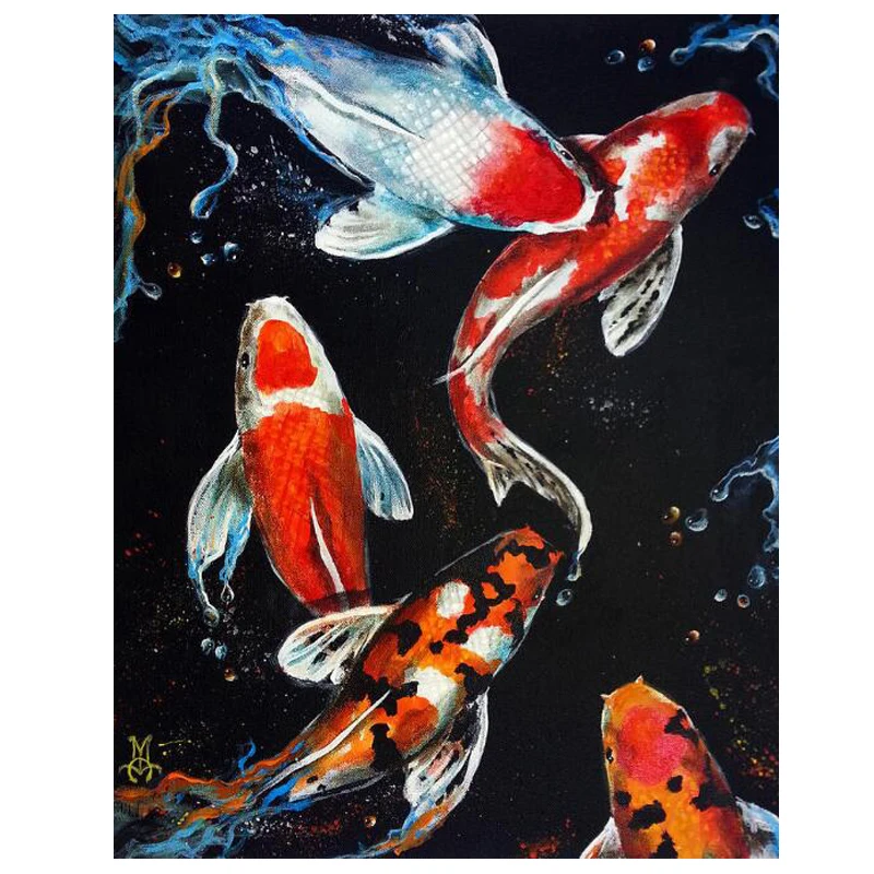 Картина полностью круглая сделай сам с четырьмя золотыми рыбками алмазная 5D