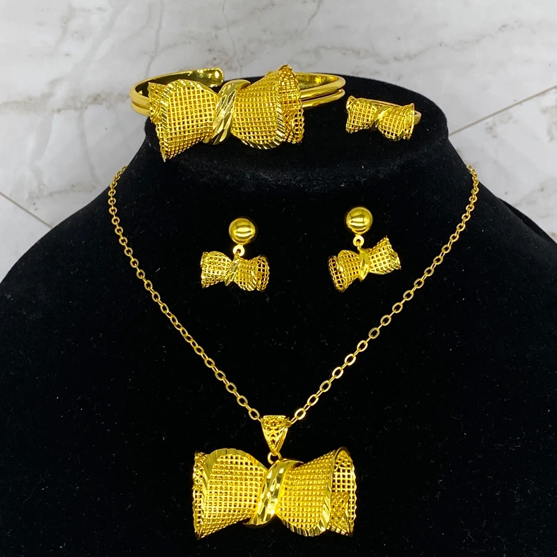 

Africa Bow Tie Design Jewelry Set Gold Color Ethiopian Necklace Earrings Bangle Ring Set For Women Wedding Birthday Party Gift