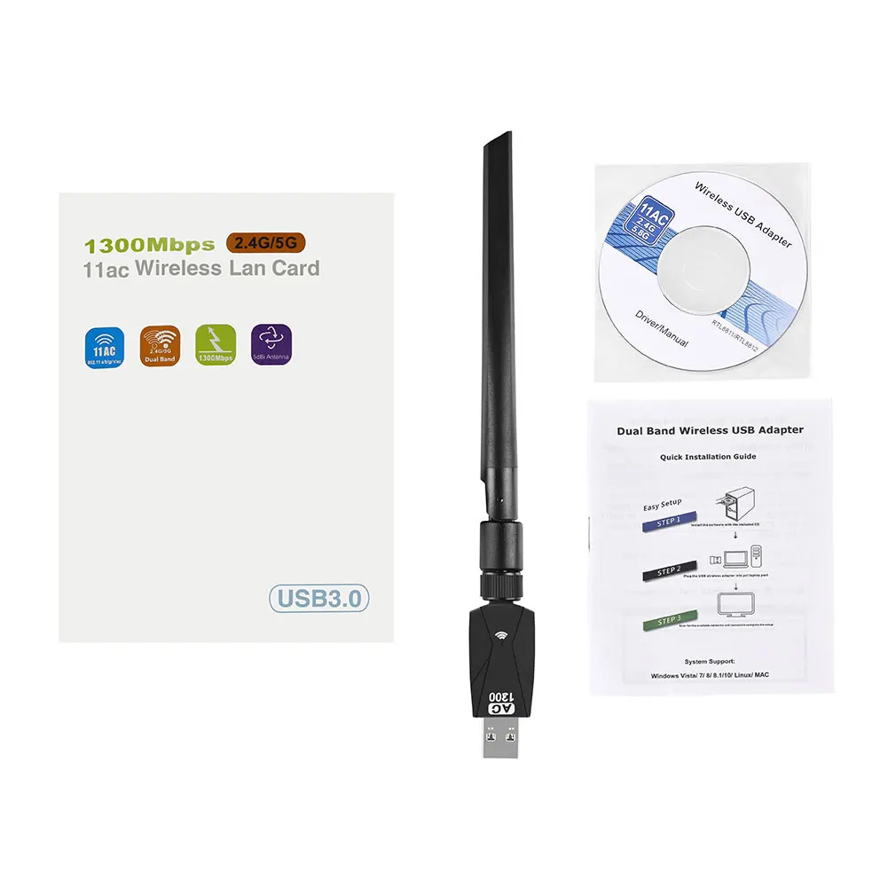 

USB Wifi Adapter 1300Mbps 2.4GHz 5.8GHz Wifi Receiver Wireless Network Card with USB 3.0 Interface Antenna Adapter
