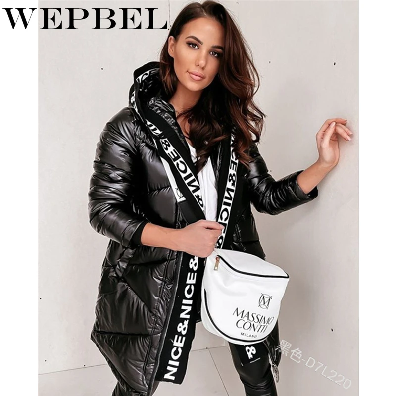 

WEPBEL Women Winter Ladies Sexy Loose Warm Long Sleeve Hooded Thick Shiny Zipper Hooded Parka Long Coat Jacket Overcoat