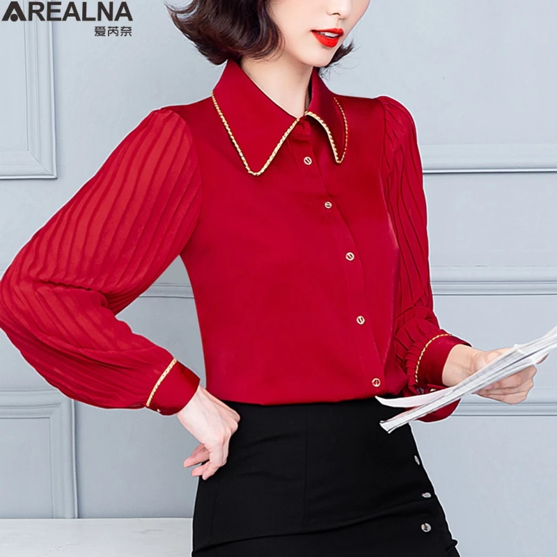 

Silk Korean Office Ladies Elegant Shirt Blouse Women Fashion Satin Shirt Vintage Pleated Lantern sleeve Shirts Tops blusas mujer