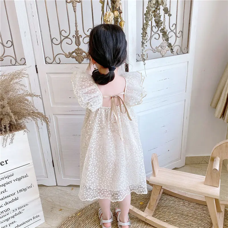 

Summer 2021 New Arrivals Girls Strap Short Sleeve Mesh Transparent Embroidery Floral Cute Princess Dress 18M-6T