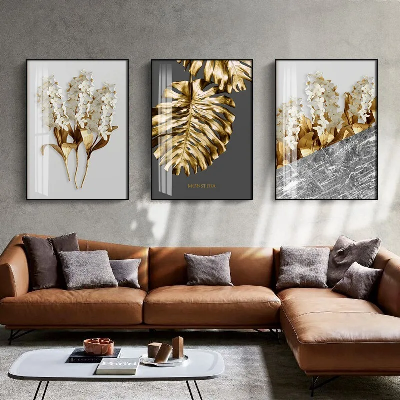 

Nordic Modern Plant Leaves Decorative Painting Luxury Golden Canvas Art Paint Poster Home Living Room Office Decor Printed Photo