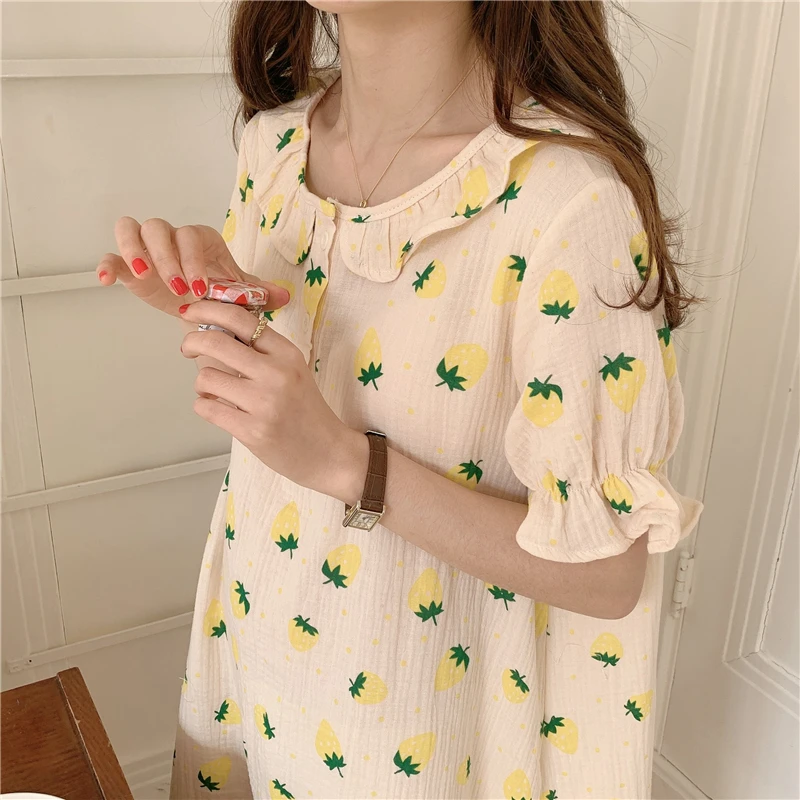 

2021 New Arrival Pajamas Comfortable Loose Cotton Princess Summer Printed Chic Sleepwear Girls Homewear Dress Women Nightdress