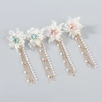 korean fashion exaggerated alloy diamond studded rhinestones imitation pearl flower long tassel earrings for female women girl
