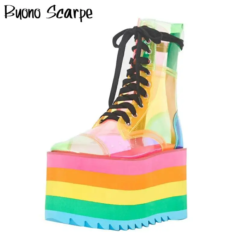 

High Platform Rainbow Boots Laces Transparent PVC Ankle Boots Candy Color Platform Heel Botas Mujer Clear Short Booties Shoes