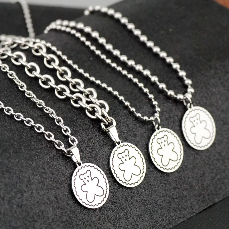 

Fashion Cute Stainless Steel Bear Necklaces Women Silver Color Pendant Round Beads Chain Charm Necklace Female Bear Jewelry Gift