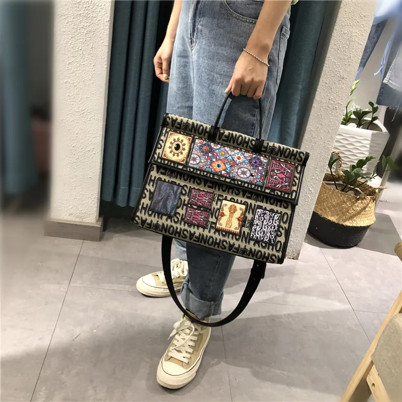 Women Bags Canvas Patchwork Embroidery Purse Handbags Girl Shoulder Bags Cross Body Messenger Bag Female Totes Fashion Flower