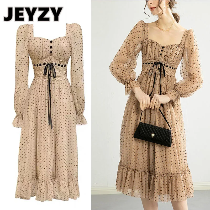 

Jeyzy elegant soft girl midi dress for women polka dot high waist square collar lace up ruffles A-line mesh dresses party chic