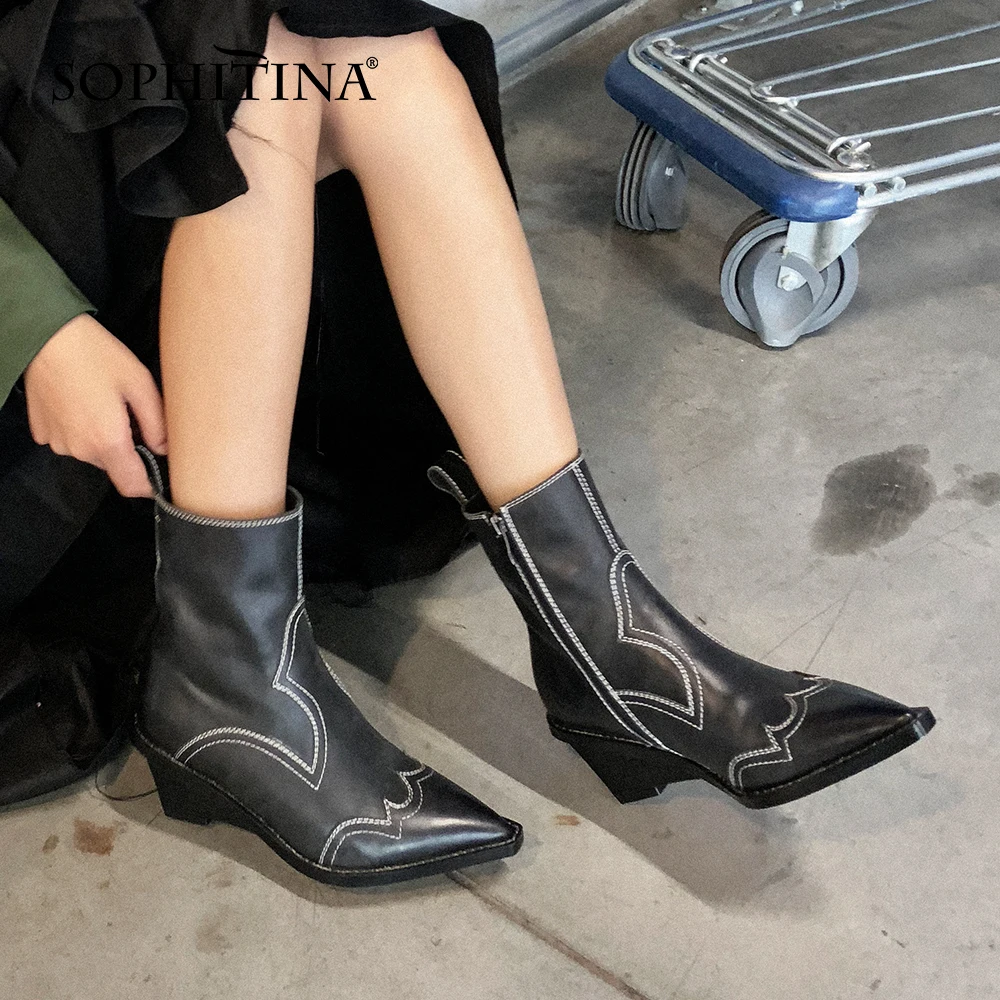 

Женские ботильоны с острым носком SOPHITINA, кожаные ботинки на танкетке, высокий каблук, ручная работа, модная зимняя обувь, SO562