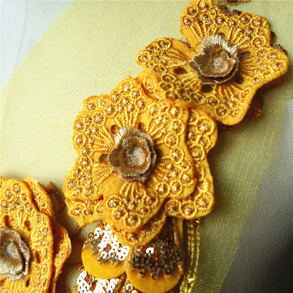 Желтая Цветочная кружевная ткань с пайетками и кисточками вышитая одежда