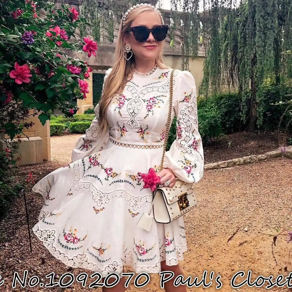 Женское платье блузон с вышивкой и короткое цвета слоновой кости льняное мини