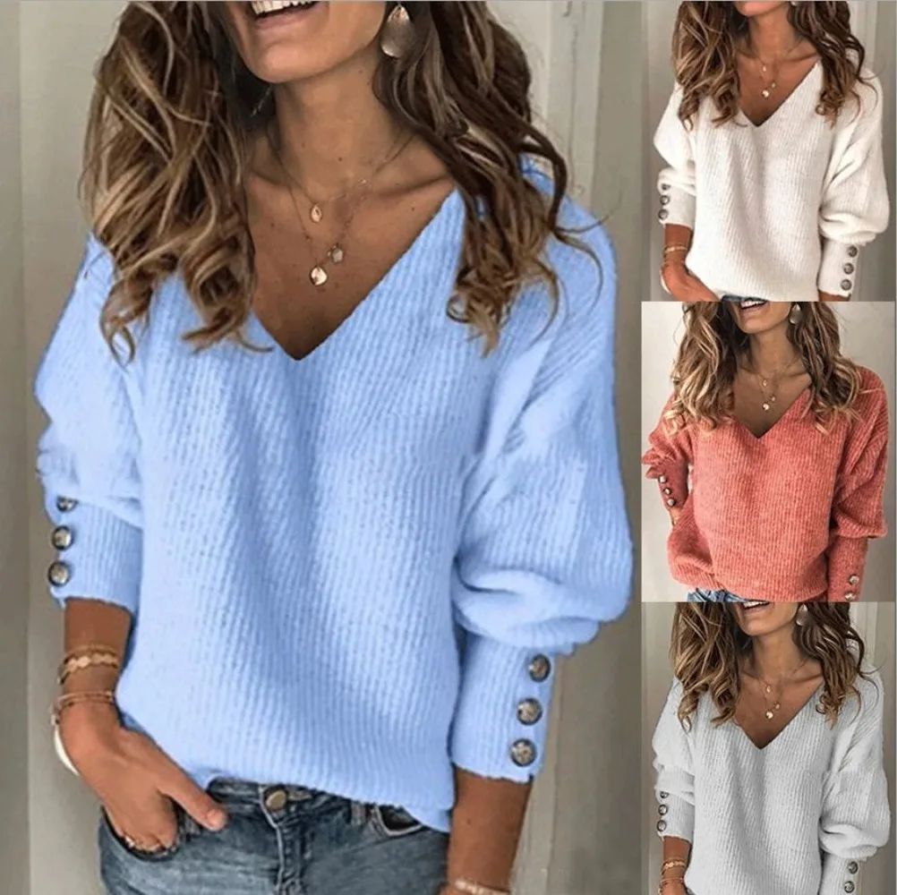 

2020 Winter Pullover Sweater Women Knitted Tops Button Boho Plus Size Casual Long Sleeve Pull Female Solid Sweaters Pullovers