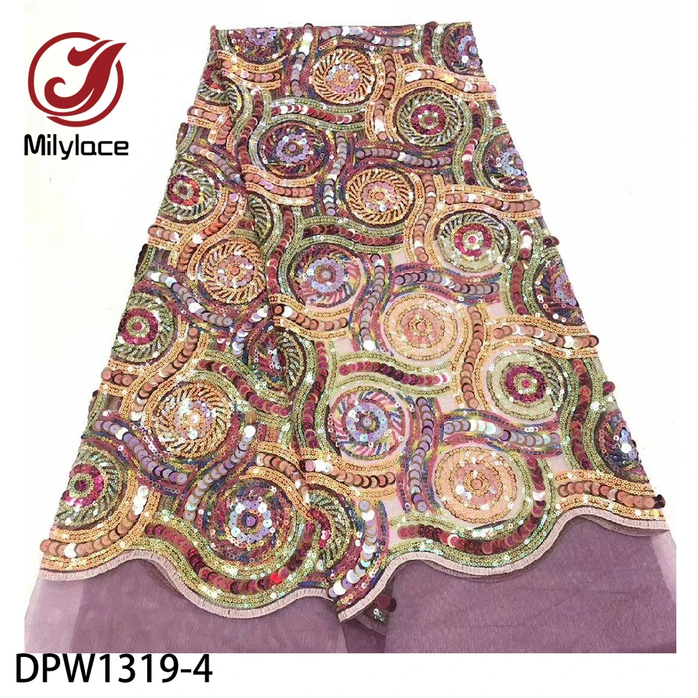 

New arrival colorful Nigerian lace fabric 5 yards shiny sequins tulle lace fabric Dubai design net lace for lady dresses DPW1319