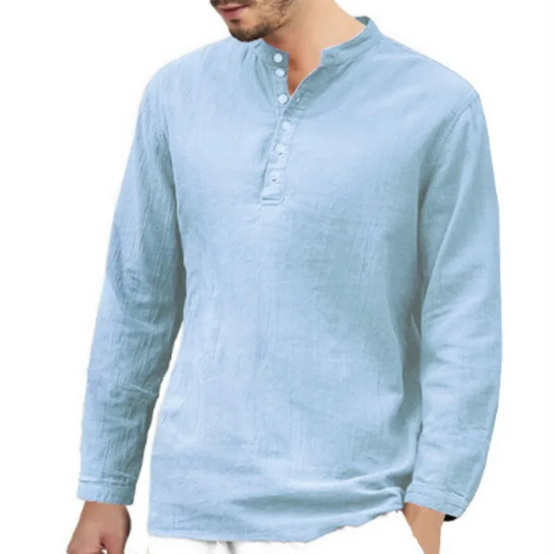 

Men's Shirt Cotton Linen Solid Color Stand Collar Long Sleeve Shirt Smart Casual Male Blouse Plus Size S/M/L/XL/XXL