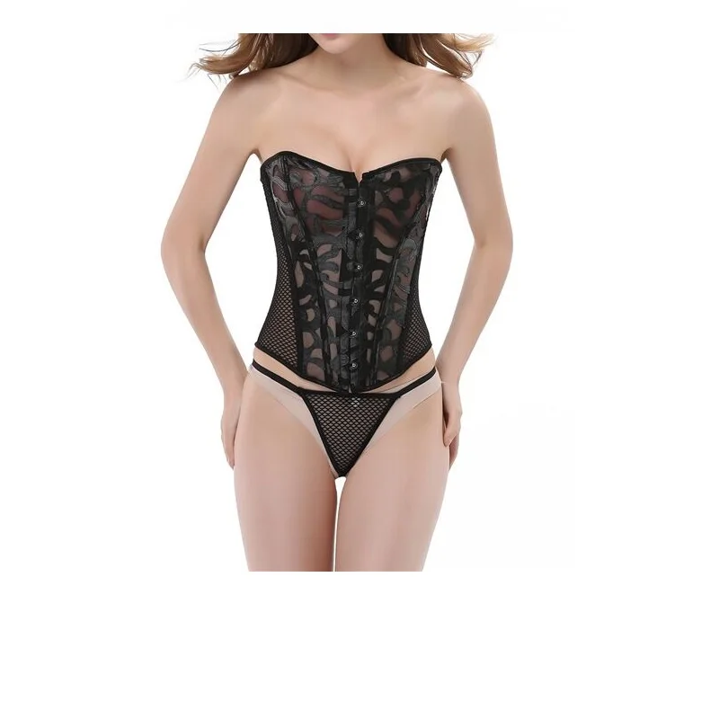 

Black Women's Breathable Shapwear Costumes Sexy Transparent Mesh Corselet Hollow Out Corset Bustier Top With G String 930#