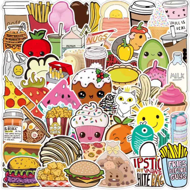 

10/30/50/100pcs Food For Chidren Waterproof Sticker To Diy Laptop Bicycle Helmet Treasure Electric Car Decals Kids Girl Toy