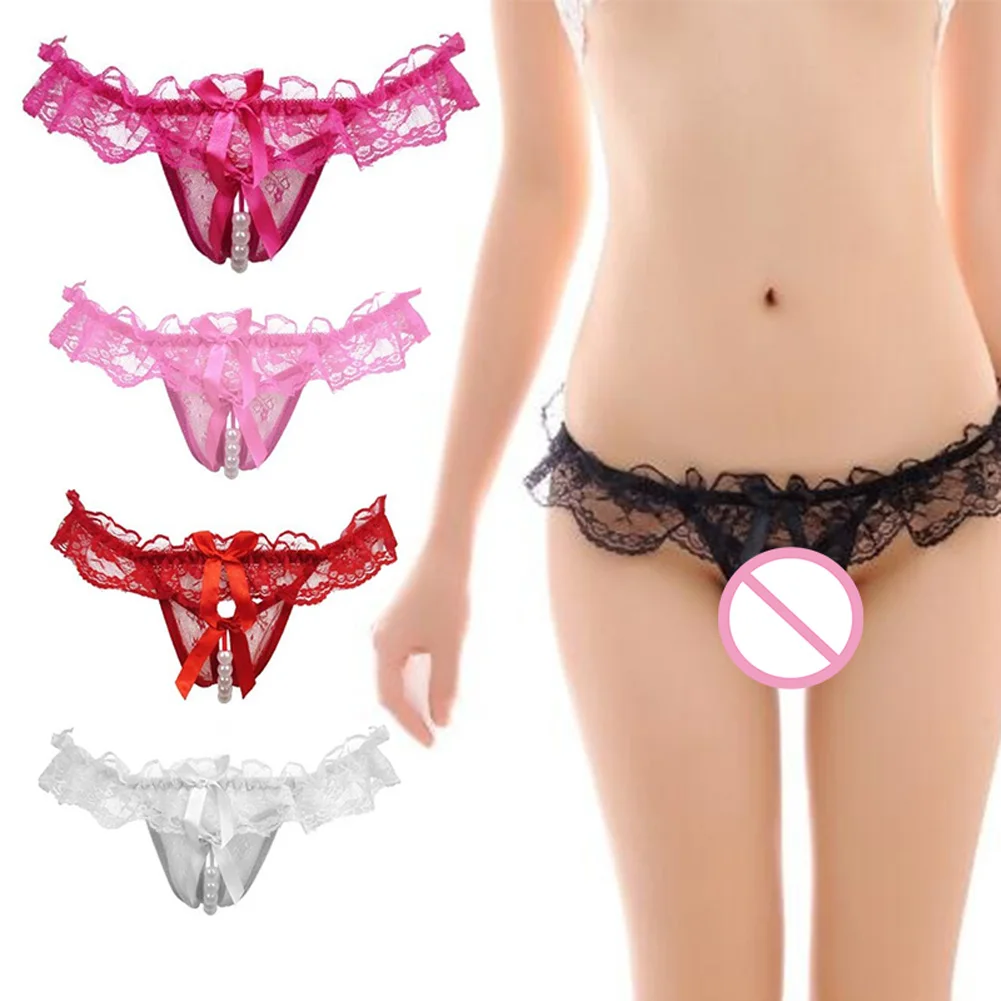 Сексуальные женские кружевные массажные жемчужные Трусы брифы с открытой