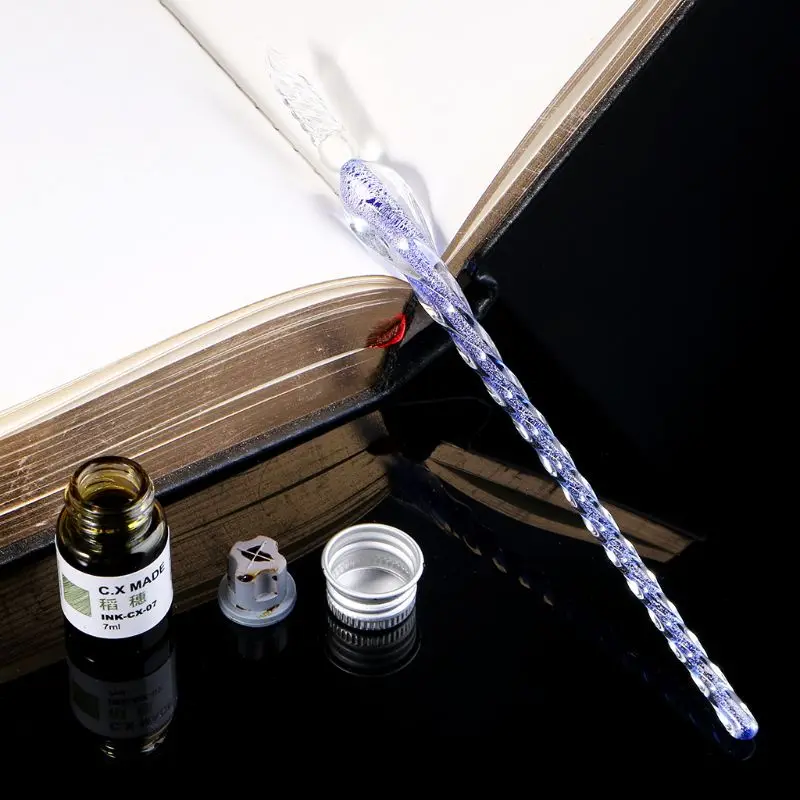 

12 Colors Bottled Dip Glass Pen Ink With 1Pc Blue Fountain Dip Writing Signature Pen Art Supplies Gifts M5TB