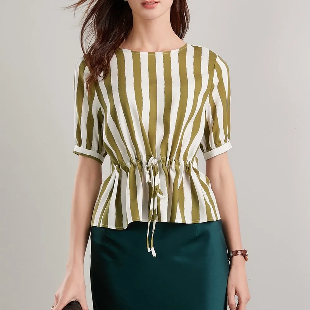 

Striped Printed Silk Top Women's Mulberry Silk Skirt Blouse with Slim Waist and Foreign Style T-shirt 2021 Summer New