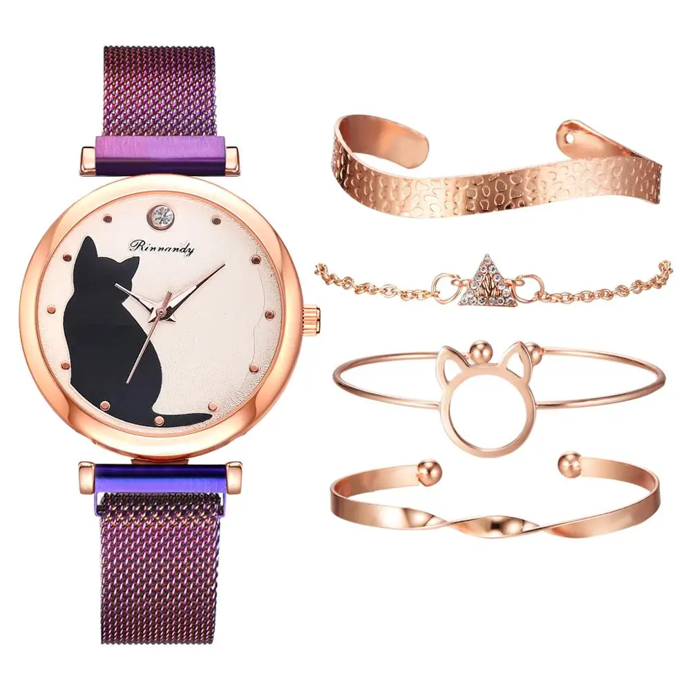 

Cat Dial Bracelet Magnetic Watches Set Luxury Women's Dress Bangle Quartz Clock Ladies Fashion Wrist Watch Gift Zegarek Damski