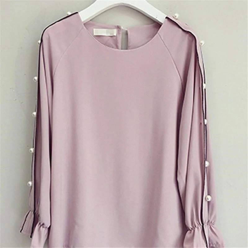 

Chiffon shirt female 2021 autumn new Korean version of the large size speaker long sleeve beaded bottoming shirt