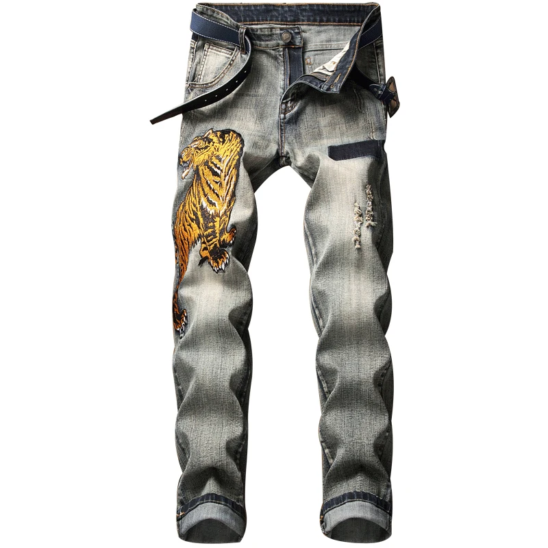 

Мужские зауженные джинсы с вышивкой тигра, мужские джинсы в стиле ретро, европейский стиль, мужские джинсы с камнями, мужские качественные д...