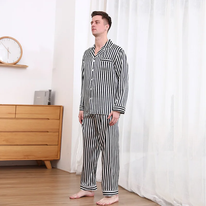 19 mm 100 mulberry silk striped men's pajamas set long-sleeved 100 mulberry silk sleepwear for men