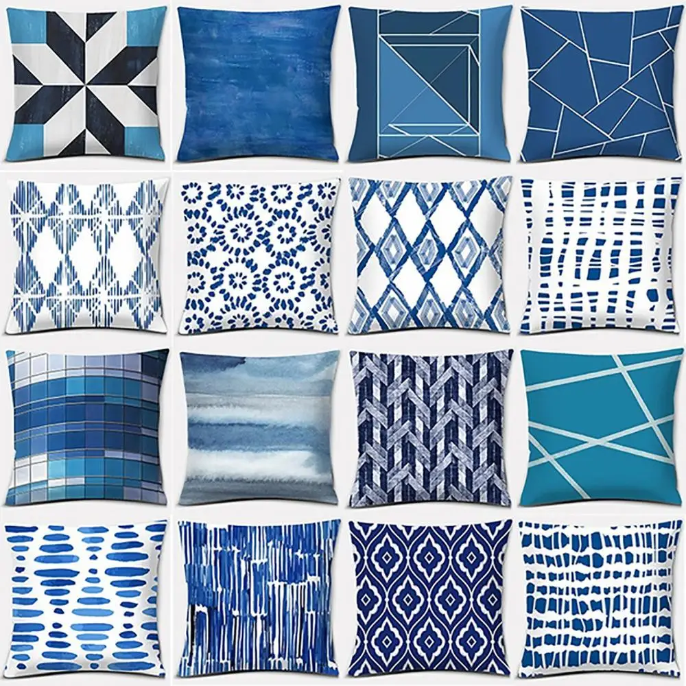 

Blue Geometric Printed Throw Square Pillow Cover Sofa Chair Cushion Pillowcase