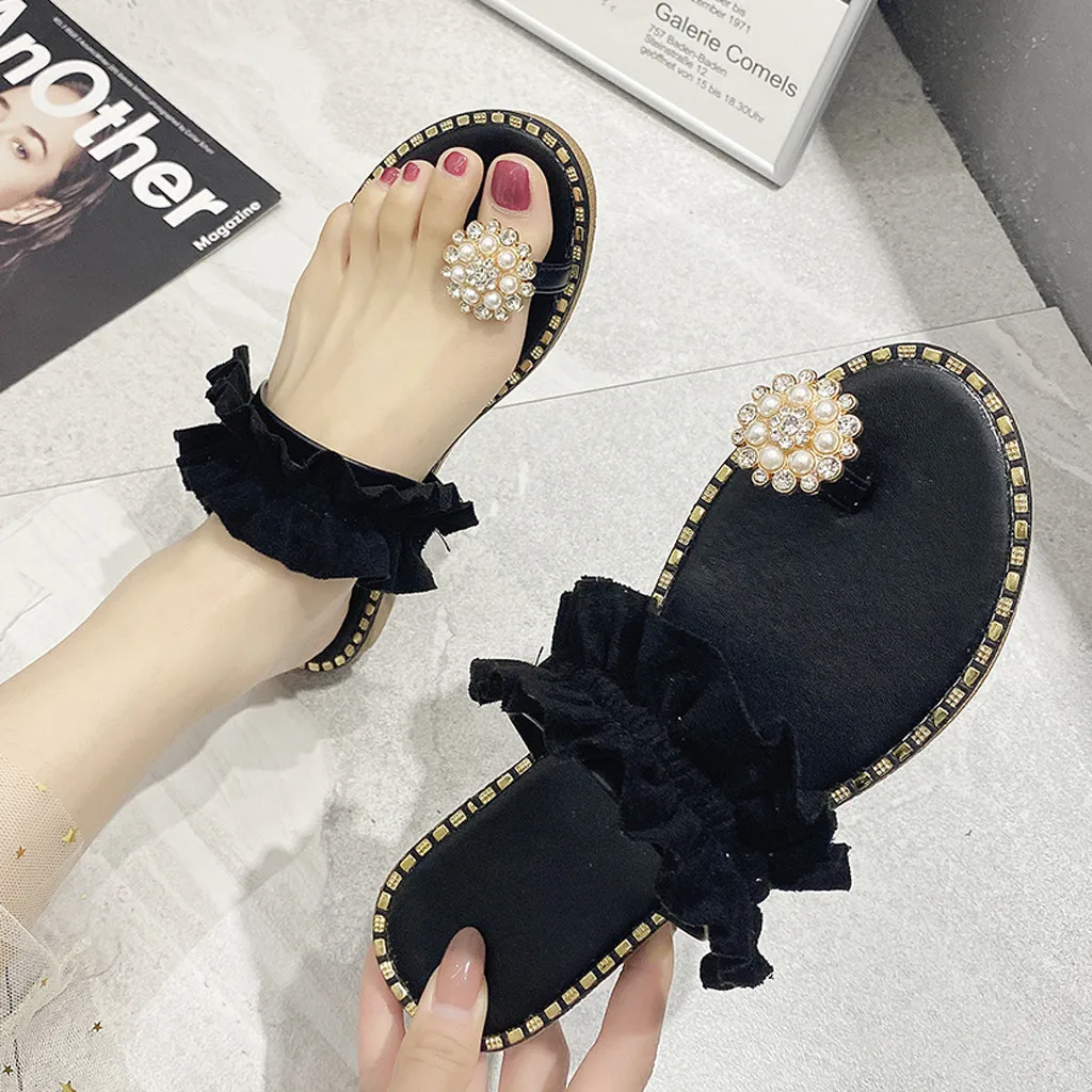 

Women Pearl Flat Bohemian Style Casual Sandals Slippers Beach Shoes 2021 New Пляжные Тапочки Сладкий Стиль Sweet Sandalias