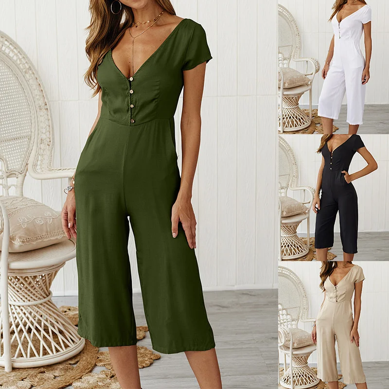 

2021New Casual Button Short Sleeve JumpsuitFashionable And Comfortable