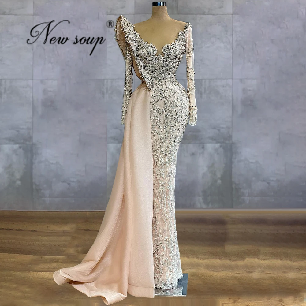 

Custom Beaded Crystals Prom Dresses Pageant Celebrity Dress Handmade Dubai Long Arabic Party Evening Gowns 2021 Robe De Soiree