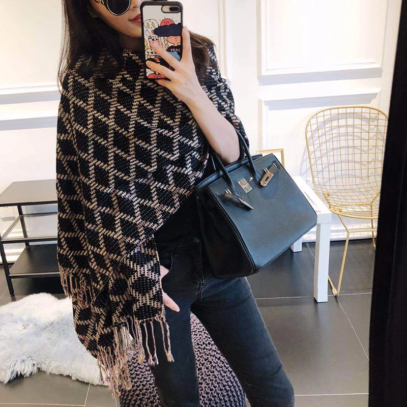 

2019 Autumn Winter Women Diamond Lattice Striped Cashmere Scarf Ladies Elegant Long Warm Shawl Double-sided Large Pashmina