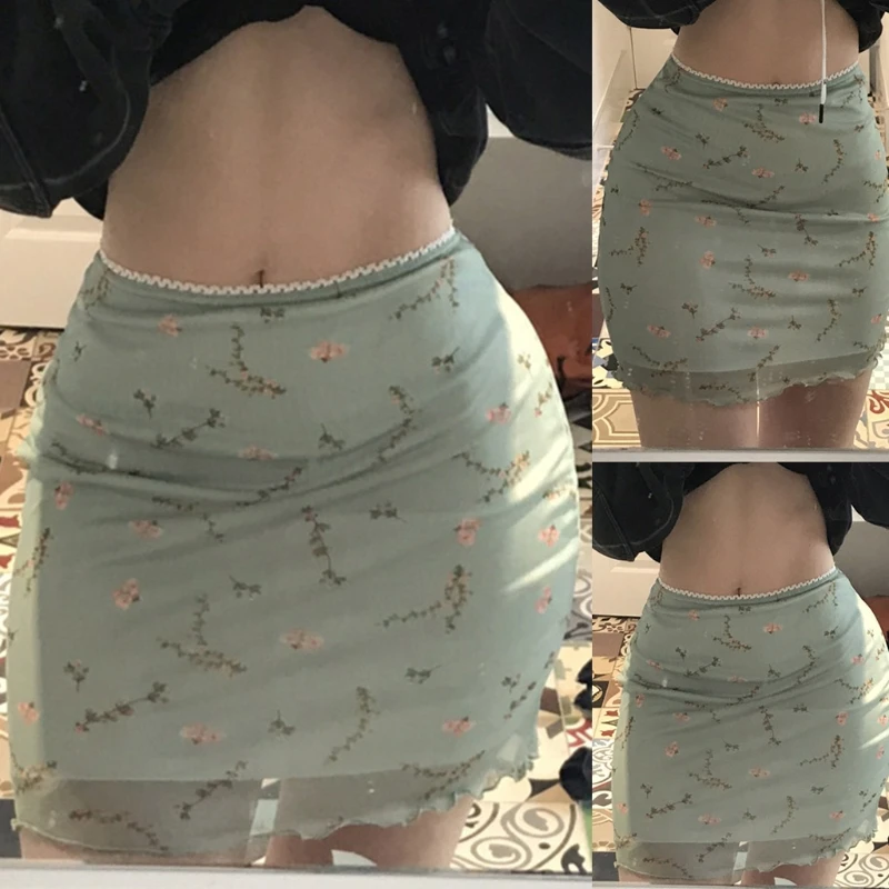

Women Sexy High Waist Vintage Floral Print Bodycon Mini Pencil Skirt Double Layer Mesh Patchwork Package Hip Streetwear