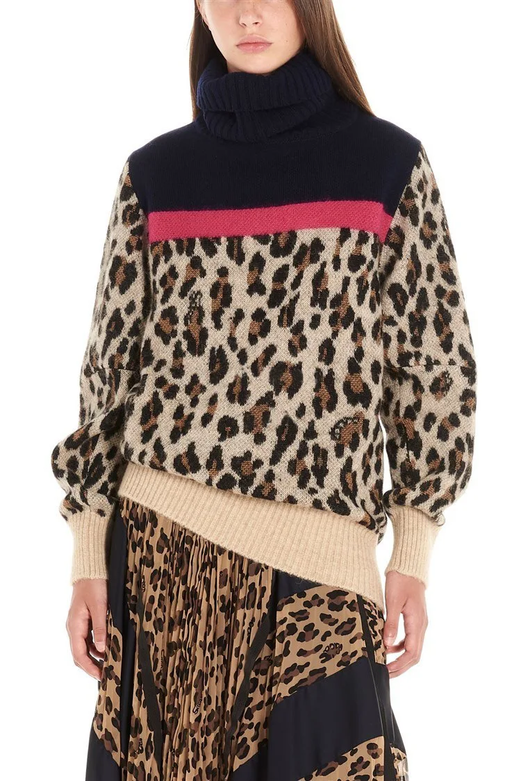 Новый осенний и зимний модный Леопардовый принт розовый цвет свитер с высоким