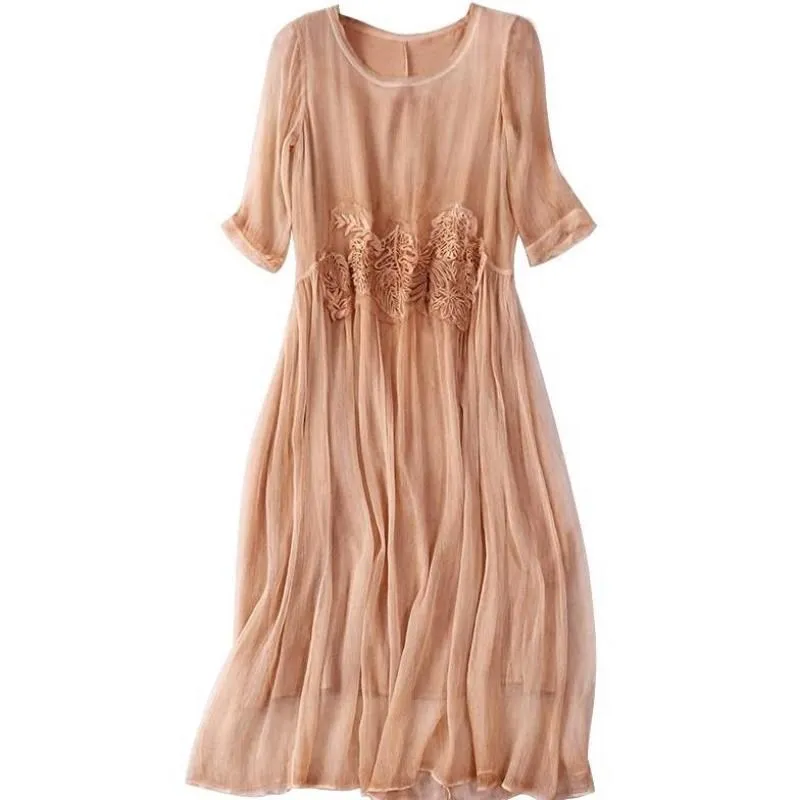 

Spring Summer Vintage Womens 3/4 Sleeve Embroidery Pleated Imitation Silk Dress , Casual Woman Female Loose 4xl Dresses