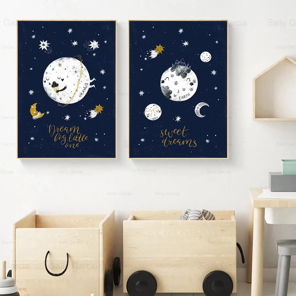 Мультяшный плакат ночного звездного неба планет Луна холст живопись обои