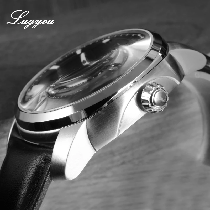 Мужские часы-скелетоны Lugyou GOLGEN автоматические из нержавеющей стали с сапфировым