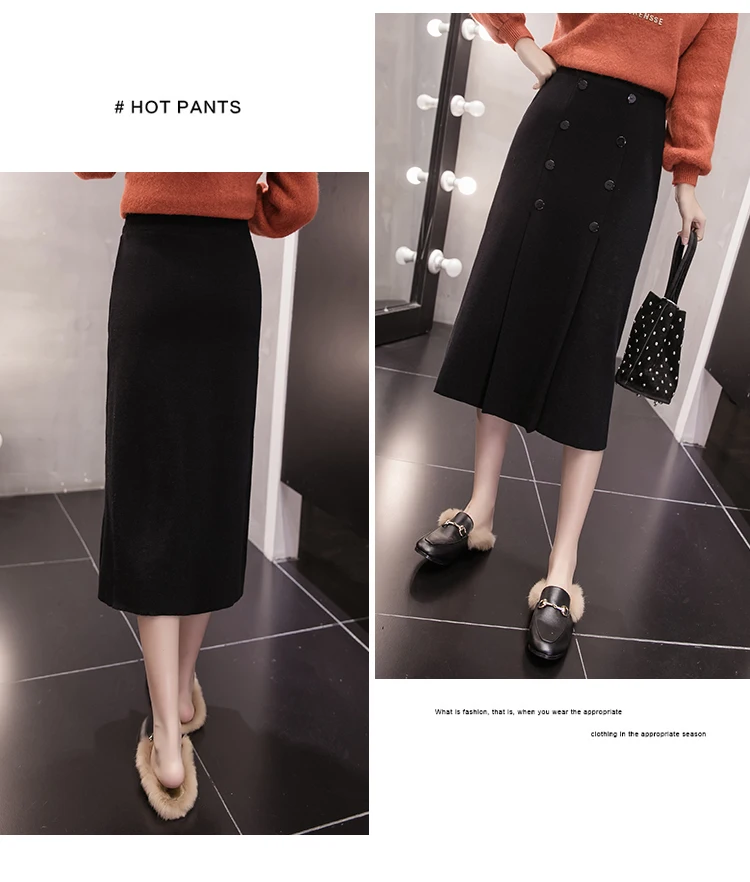 High Waist Stretch Knitted Skirt Women Elegant Double breasted Straight Long Skirts Female Autumn Winter Vintage Pleated Skirt