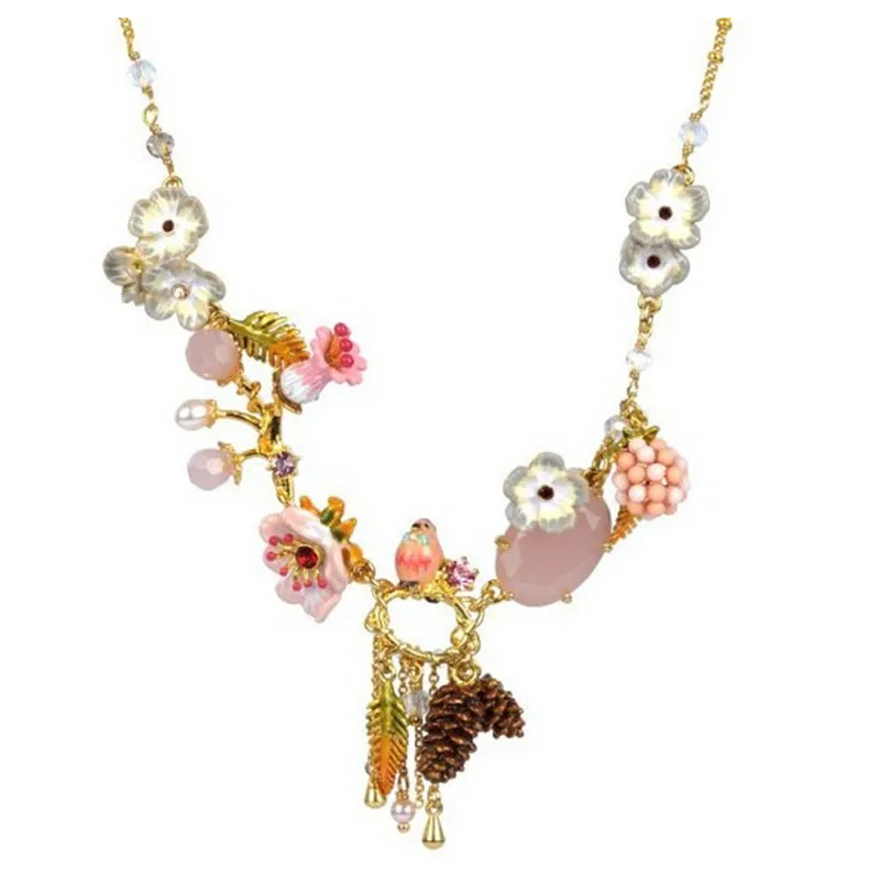 S04-044J Robin эмаль птичка розовый жемчуг драгоценный камень ожерелья с