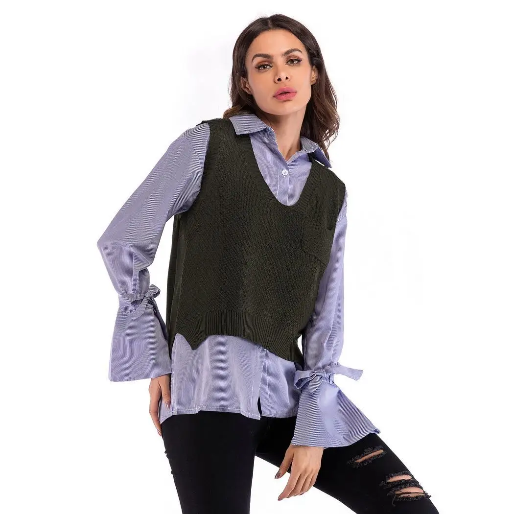 Женский модный Повседневный однотонный вязаный свитер без рукавов с v образным